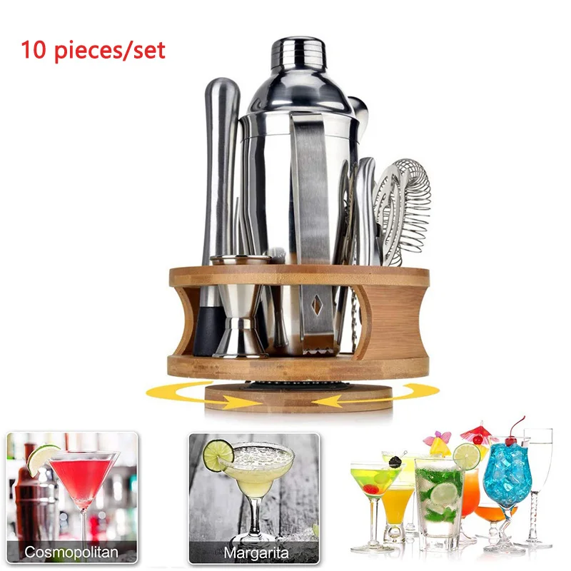 

10pieces Bartender Kit 750ML Cocktail Shaker Set with Bamboo Rotating Stand Bar Tool Drink Mixing Gift Bar Accessories Home Bars