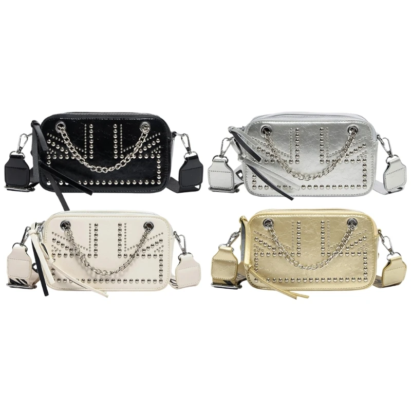 

Womens Rivet Studded Shoulder Bag Punk Motorcycle Letter Wide Strap Crossbody Bag PU Leather Fashion Purse with Chain