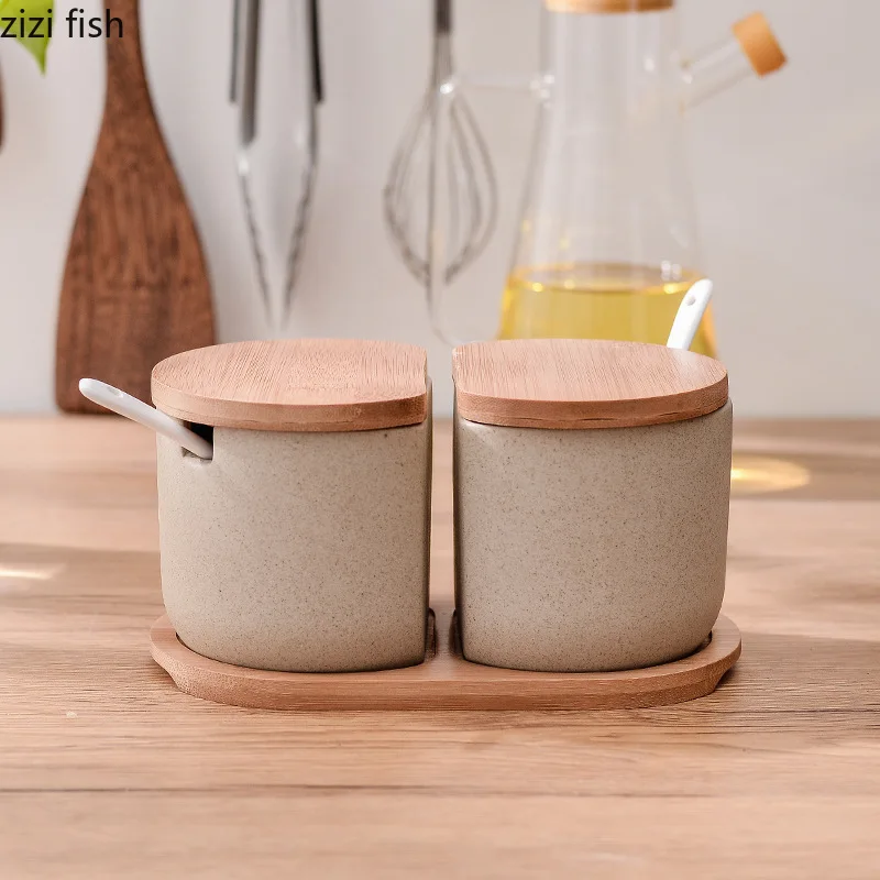 Ceramic Seasoning Jar Set Kitchen Supplies Spice Jar 2 Piece Set with Cover Spoon Seasoning Box Condiment Bottles Salt Shaker