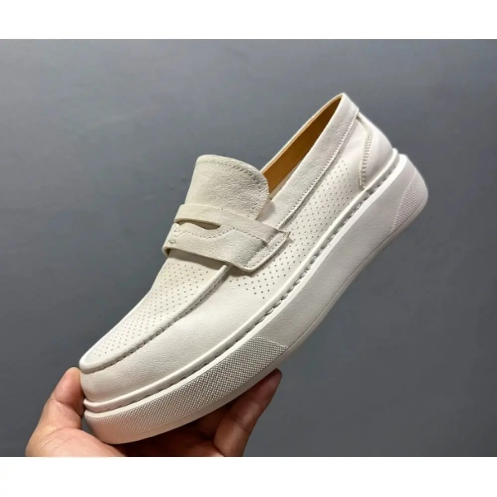 Premium White Perforated Penny Loafers – Handcrafted Comfort, Clean Summer Style