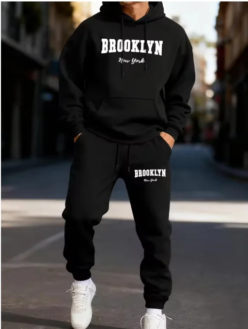 

Brooklun New York Letter-printed Men's Hoodie Set, Autumn Fleece Set, Casual Winter Hoodie, Sporty Style Long Sweatpants