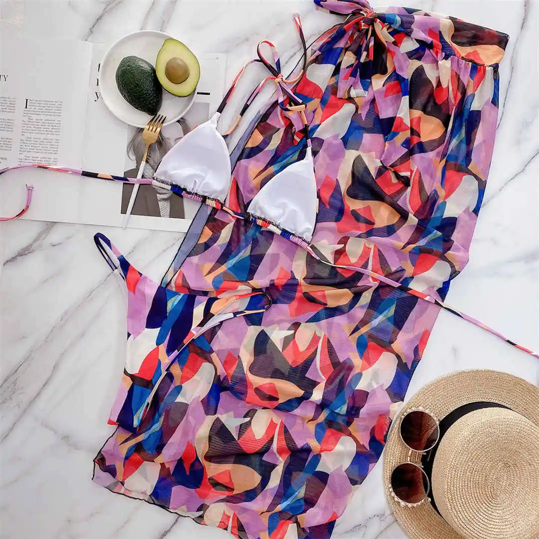 Neuer, bedruckter Halter-Bikini, Damen-Badeanzug, dreiteiliges Bikini-Set mit Sarong, Badebekleidung, Badeanzug, Modell V2804. – Detail 12