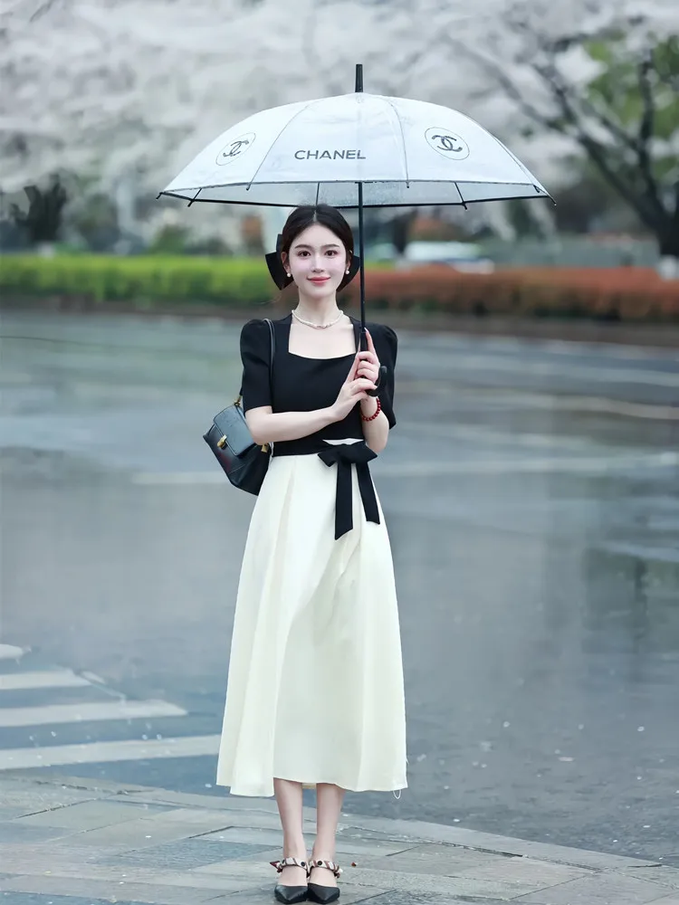 

Elegant Square Collar Illusory Two-Piece Dress Women's Summer Slimming Long Dress Commute Style Korean Version Short Sleeve