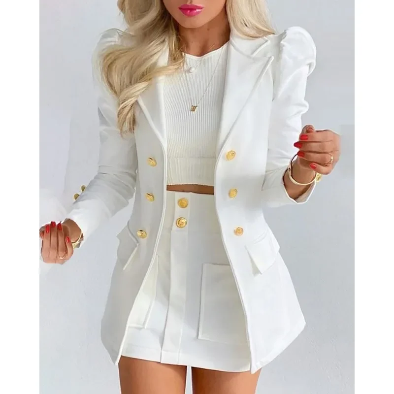 Office Lady Slim Fit Long Sleeve Lapel Double Breasted Jacket Top Pocket Skirt Suit Outfits Elegant Women Blazer Two Piece Set