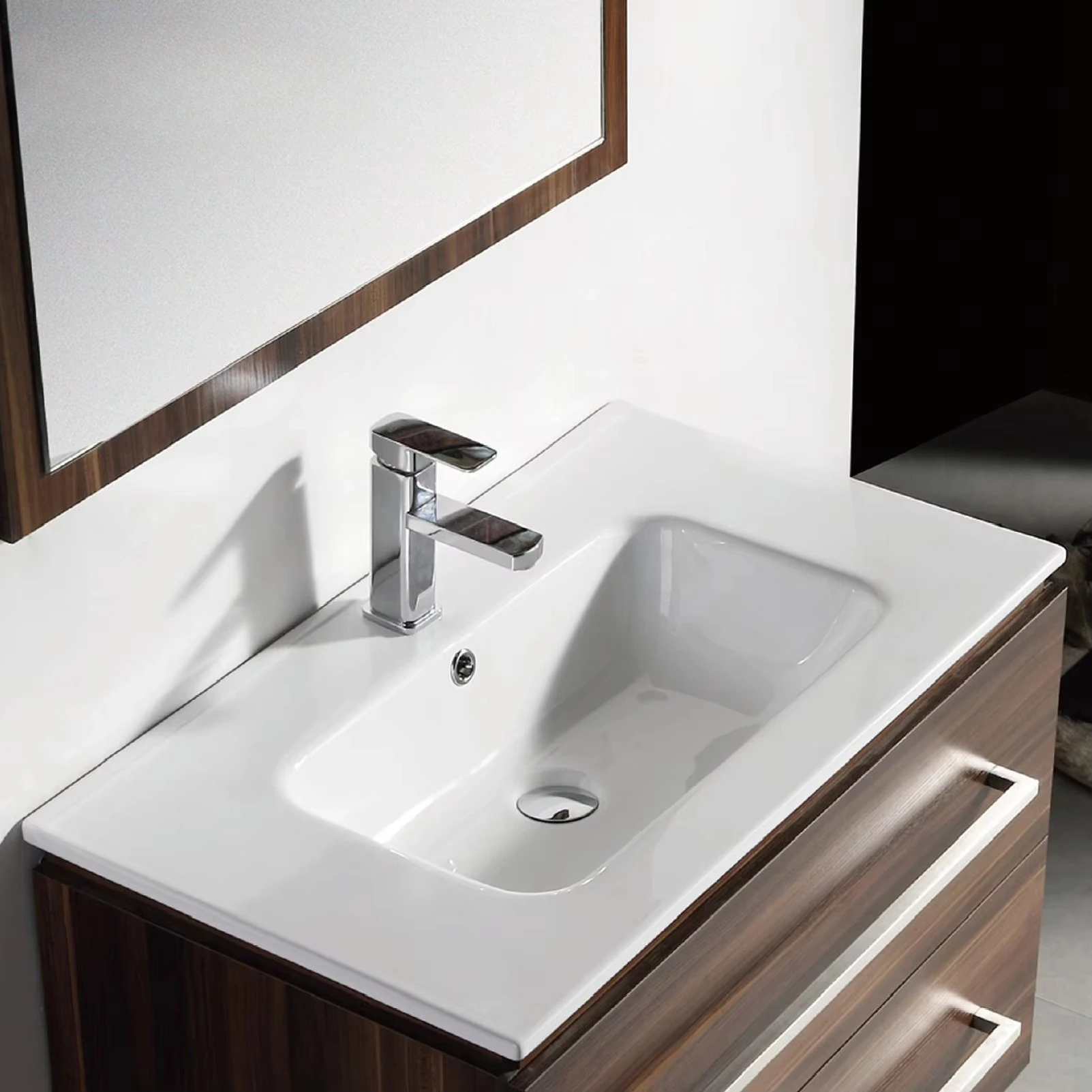 Modern white black ceramic washbasin rectangular thin edge vanity top single cabinet bathroom sink
