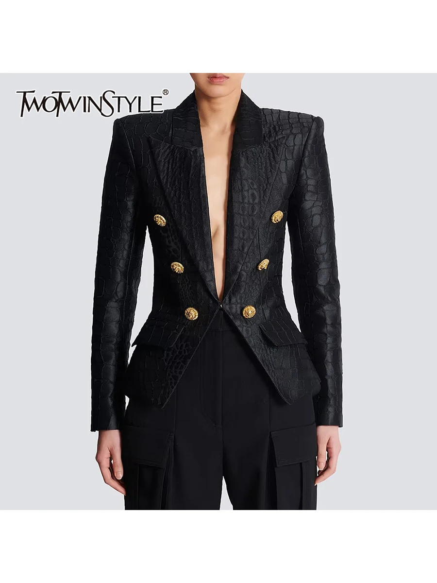 TWOTWINSTYLE Fashion Spliced Striped Temperament Blazers for Women Lapel Ong Sleeves Patchwork Double Breasted Blazer Female New
