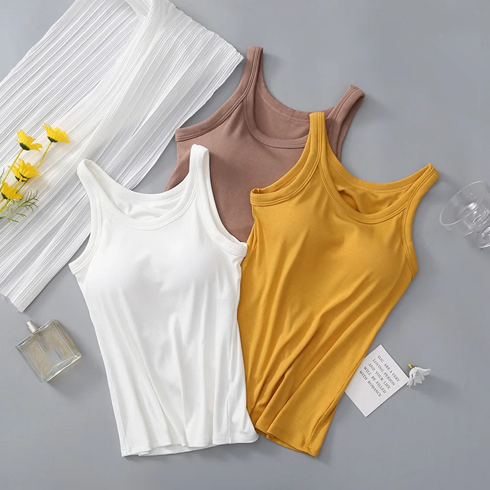 New Summer Women\'s Vest Tops Modal Underwear with Built In Bra Neck Vest Padded Slim Fit Tank Tops Sexy Shirts Feminino Lingerie