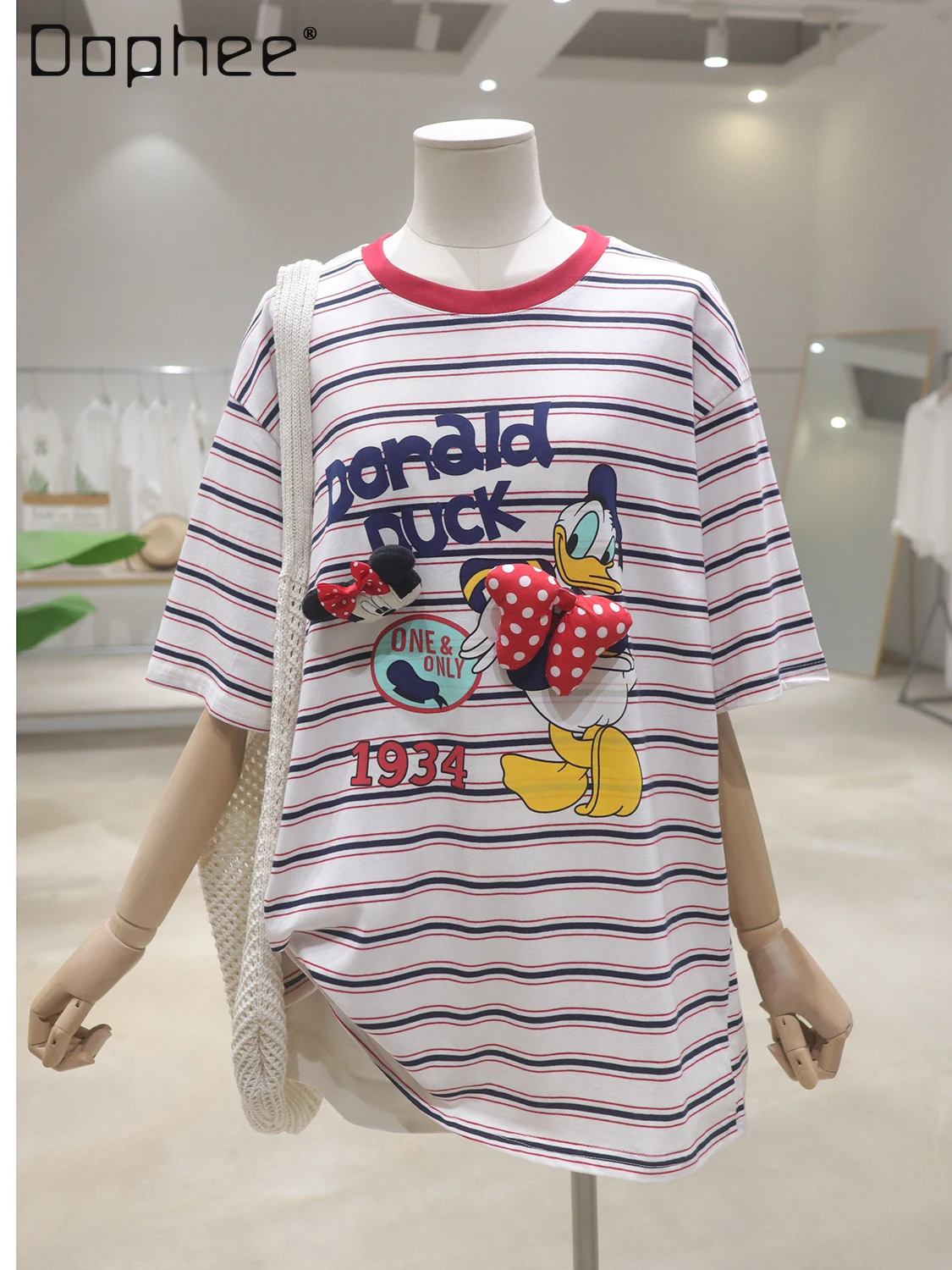 

Breathable Cartoon Duck Print Crew Neck Top 2025 Summer Loose Medium and Long Cotton Striped Short-sleeved T-shirt Women