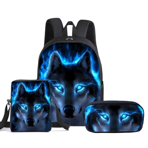 Imagen 1 del producto Mochila infantil Wolf de 3 piezas/juego con bolsas de mensajero, bolsas para lápices, mochilas escolares para niños/niñas, el mejor regalo, mochilas escolares de dibujos animados en 2D