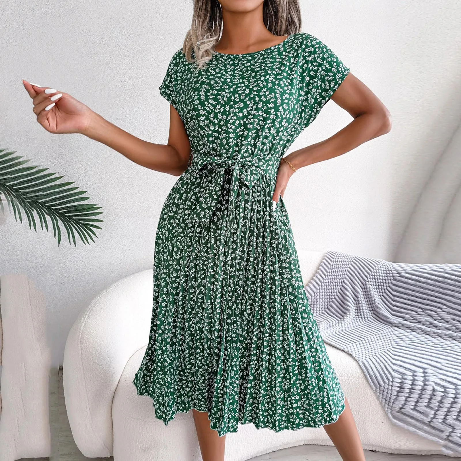 

Women’s Fashion Floral Long Dress Spring Summer Short Sleeve High Waist A Line Chic Maxi Dress Female Lace Up Pleated Dresses