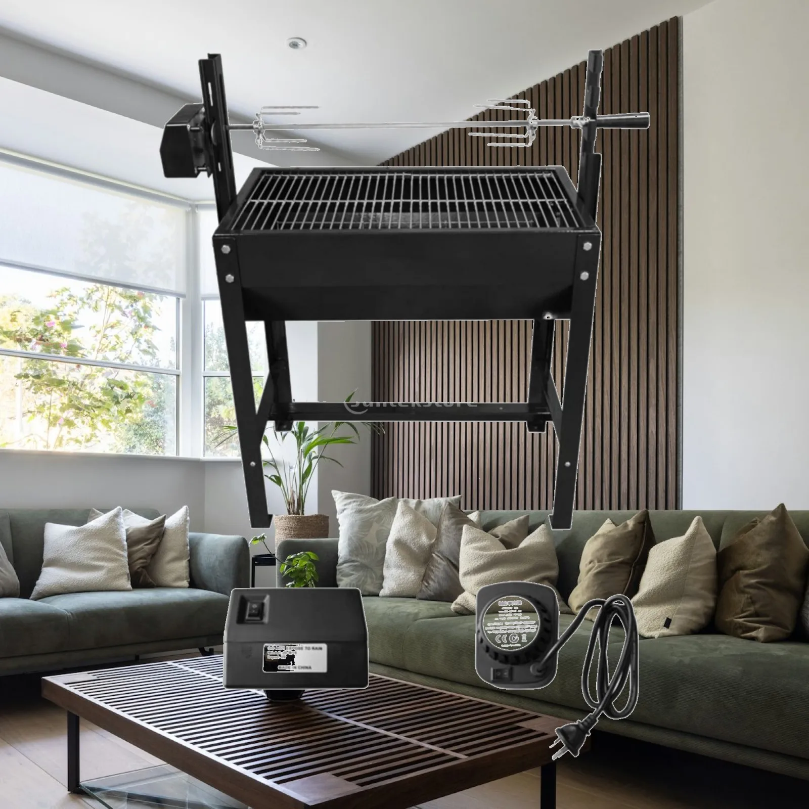 Portable Rotating Charcoal Grill with Electric Rotisserie Kit for Grilling Roasting Whole Chicken Lamb and Pork Outside