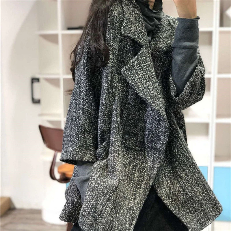 Autumn Winter Woven Wool Jacket Women Small Fragrance Plaid Woolen Outerwears Gray Tweed Blazer Colla Coat Runway