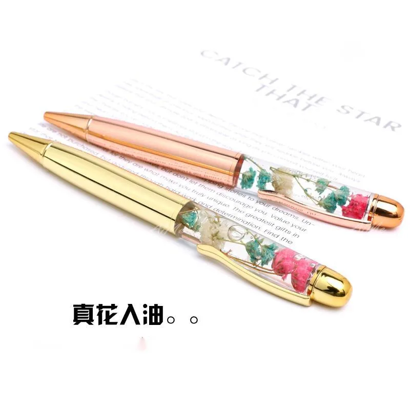 

Плавающая шариковая ручка с настоящим цветком и маслом, креативная готовая ручка для подписи своими руками, шариковая ручка E