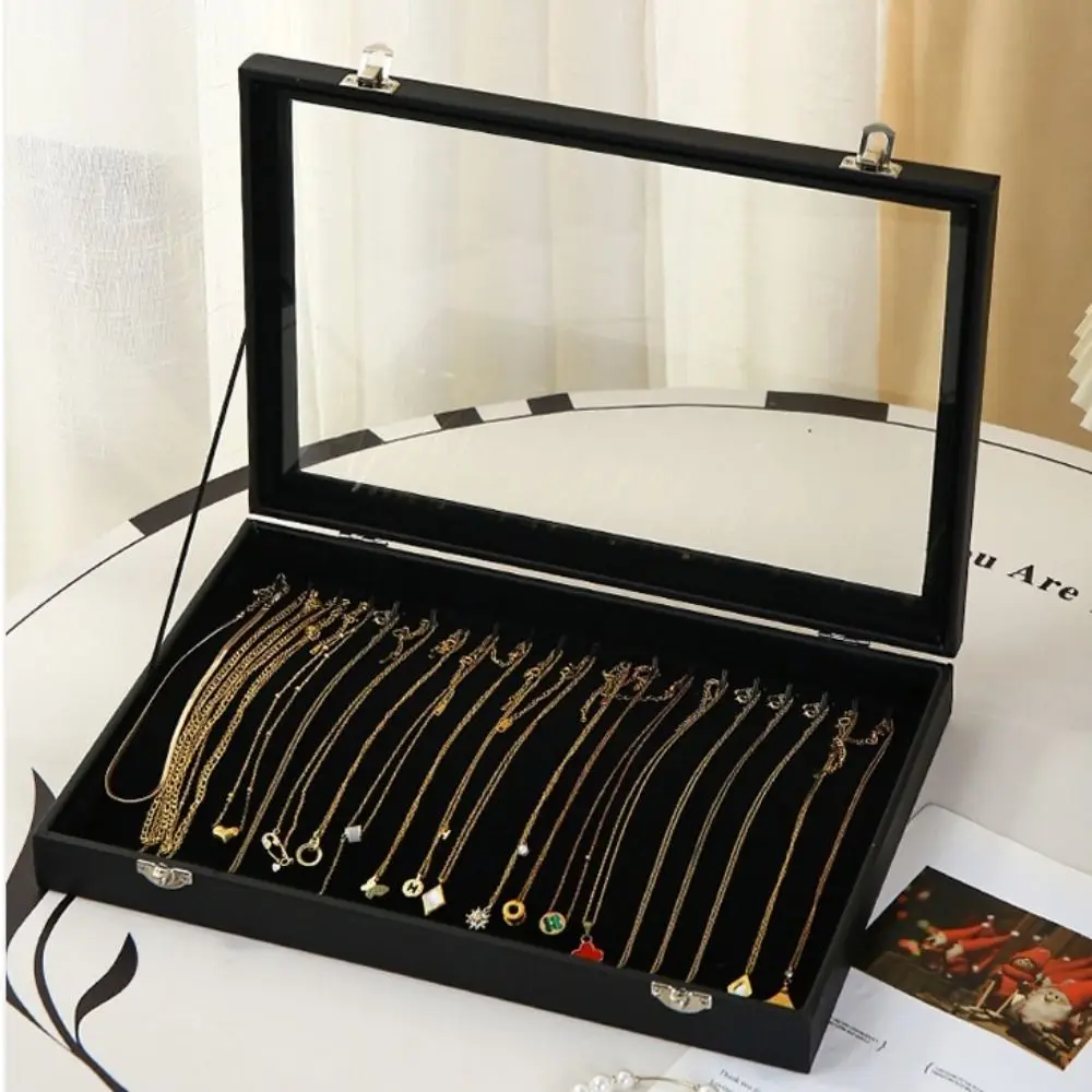 

Velvet Fabric Jewelry Storage Tray Solid Color Glass Lid Long Necklace Box Dust Proof Large Capacity Pendant Display Case