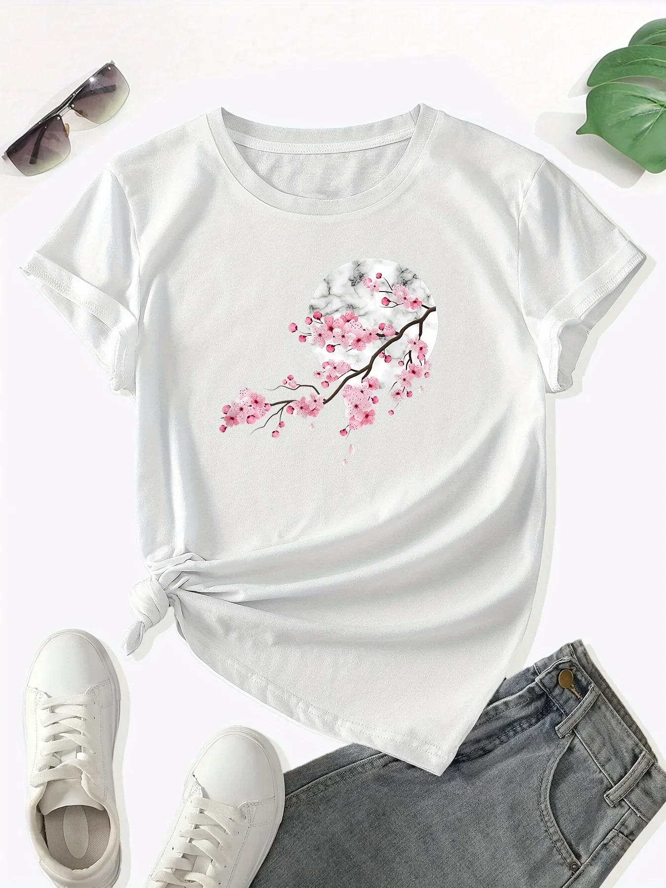 Moon Plum Blossom Landscape Floral Print Crew Neck T-Shirt Casual Short Sleeve T-Shirt For Summer Women's Clothing
