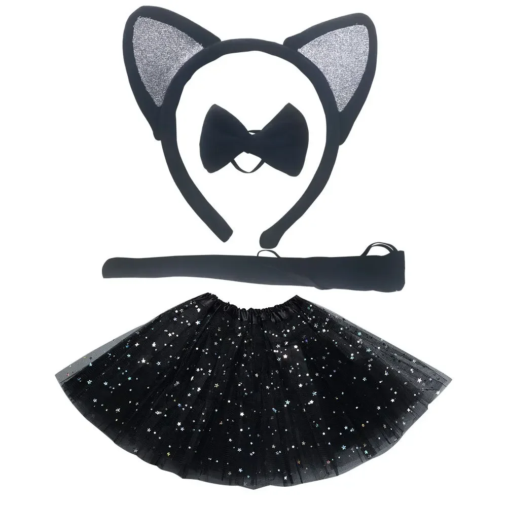 Schwarze Katze Kostüm Set Tiere Ohren Stirnband Schwanz Fliege Tutu Halloween verkleiden Kinder Cosplay Zubehör Kit