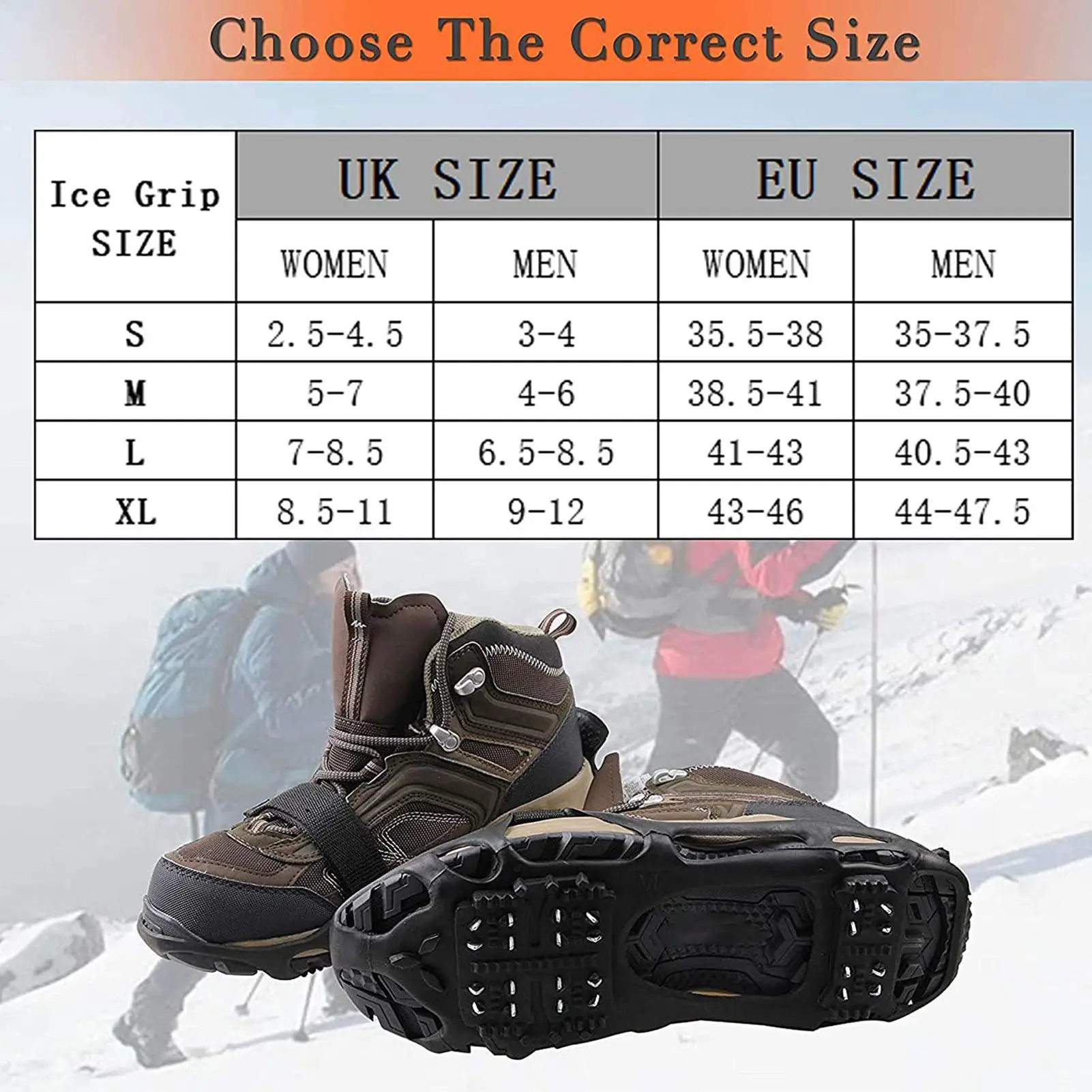 24-Tooth Ice Cleats for Boots Maximum Traction Spikes for Ice & Snow, Heavy Duty Anti-Slip Grips for Winter Hiking, Walking