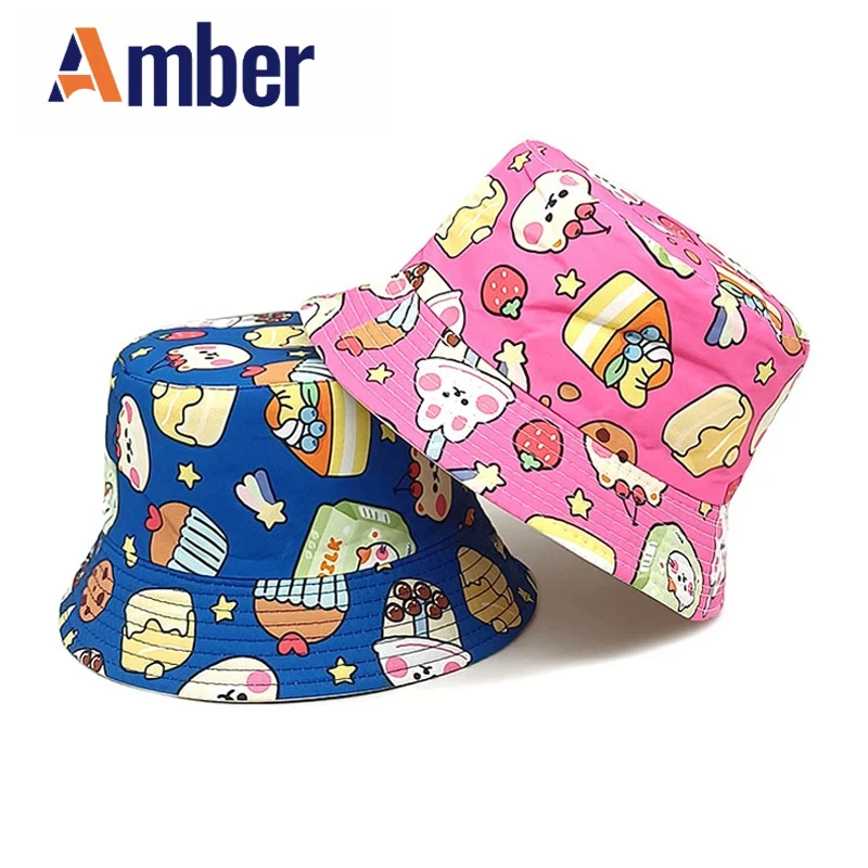 

Amber Children Bucket Hat Cartoon Fisherman Hats Girl Boy Kids Panama Cap Rabbit Cake Pattern Double Sides Outdoor Shading Sun