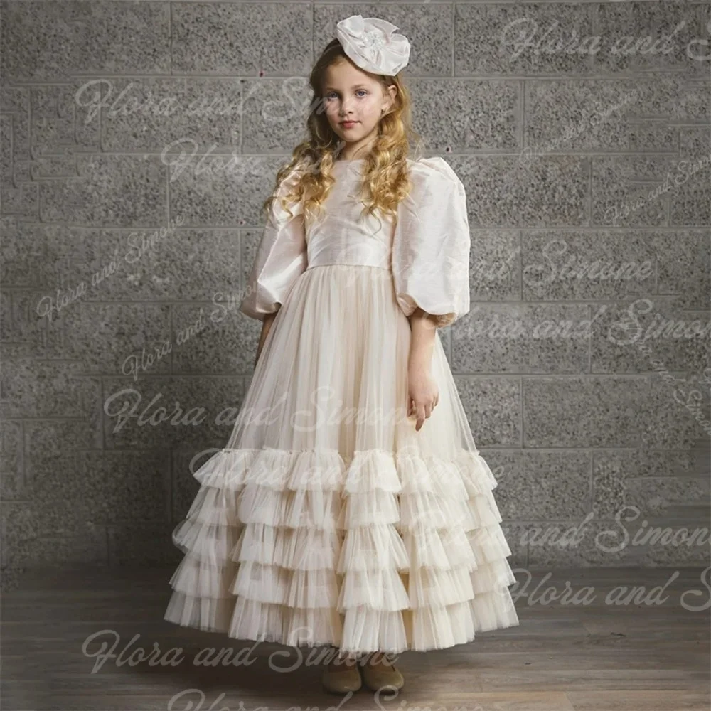 Princess Puff Sleeve Tulle Pleat A Line Wedding Party Flower Girl Dress Bow Ankle Length First Communion Dress Customized