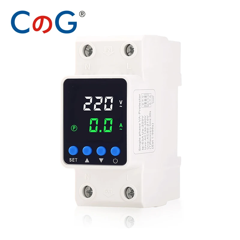 2P Adjustable Dual Digital Display 63A AC220V Over Under Voltage Current Protector Voltage Relay Protective Device
