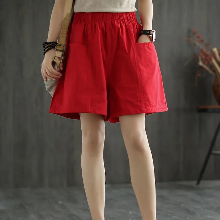 Women's Cotton Linen Shorts Comfortable Loose Wide-legged Drawstring Pants Casual Solid Color Ladies Short Femme