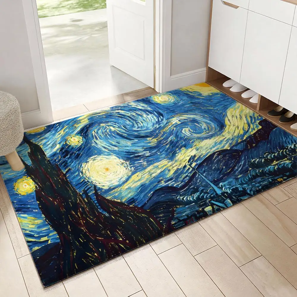 pretty famous v-Van Gogh art Floor Mat Soft Thickened Flannel Door Mat Non-Slip Living Room Rug Home Decor