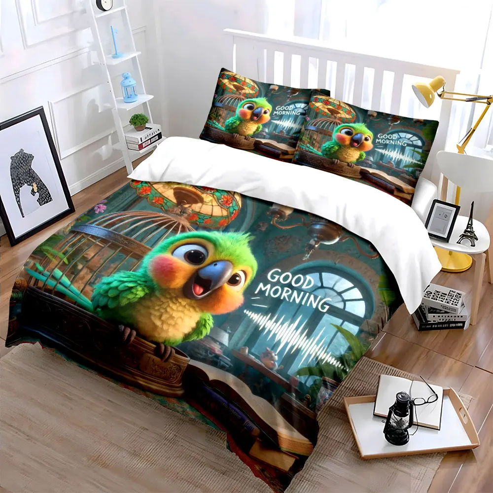 Colorful Parrot Decor Set Soft Skin-Friendly Bedding Set Includes 1 Duvet Cover And 2 Pillowcase, Gift