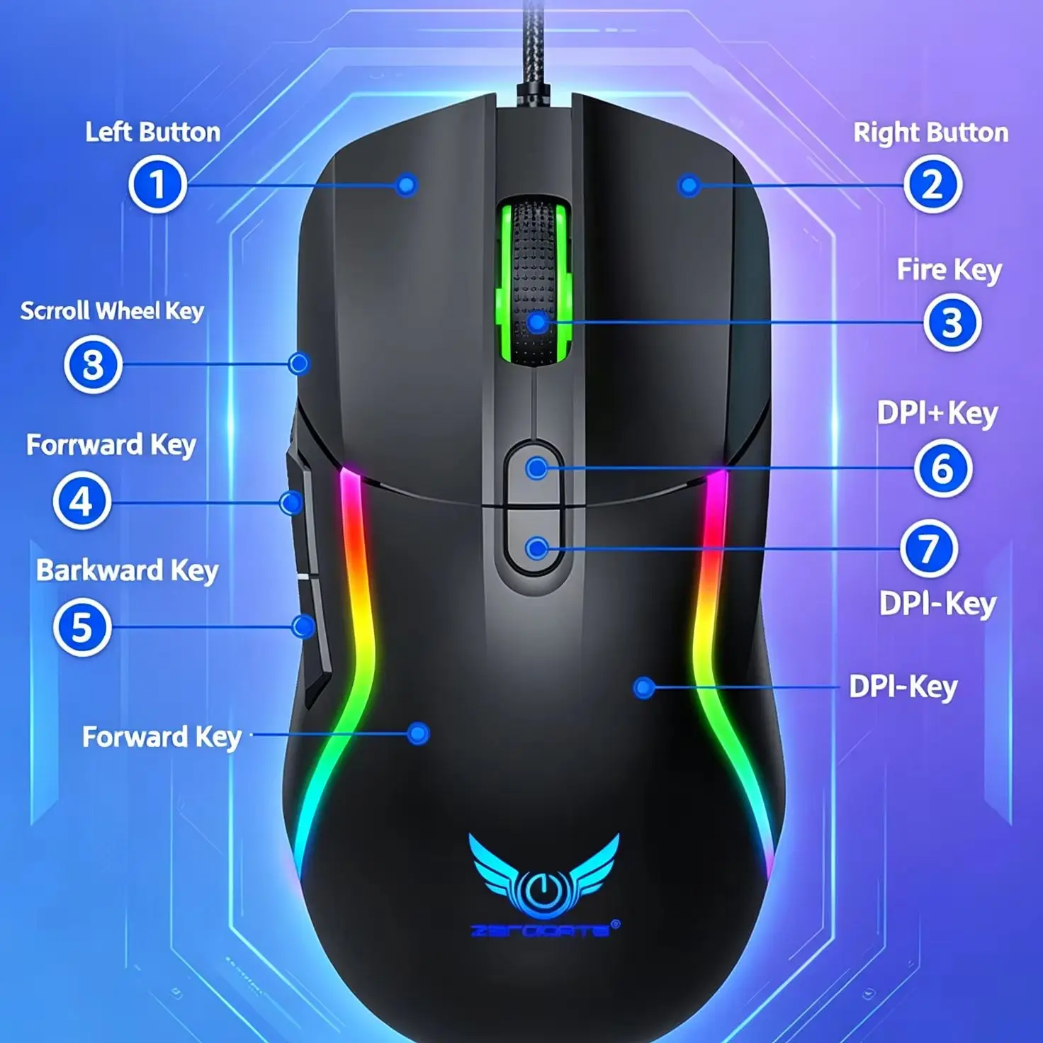 RGB Backlit Gaming Optical Wied Mouse 6400DPI Adjustable Ergonomic Design Gamer PC Mouse With Marco For Computer Laptop Tablet