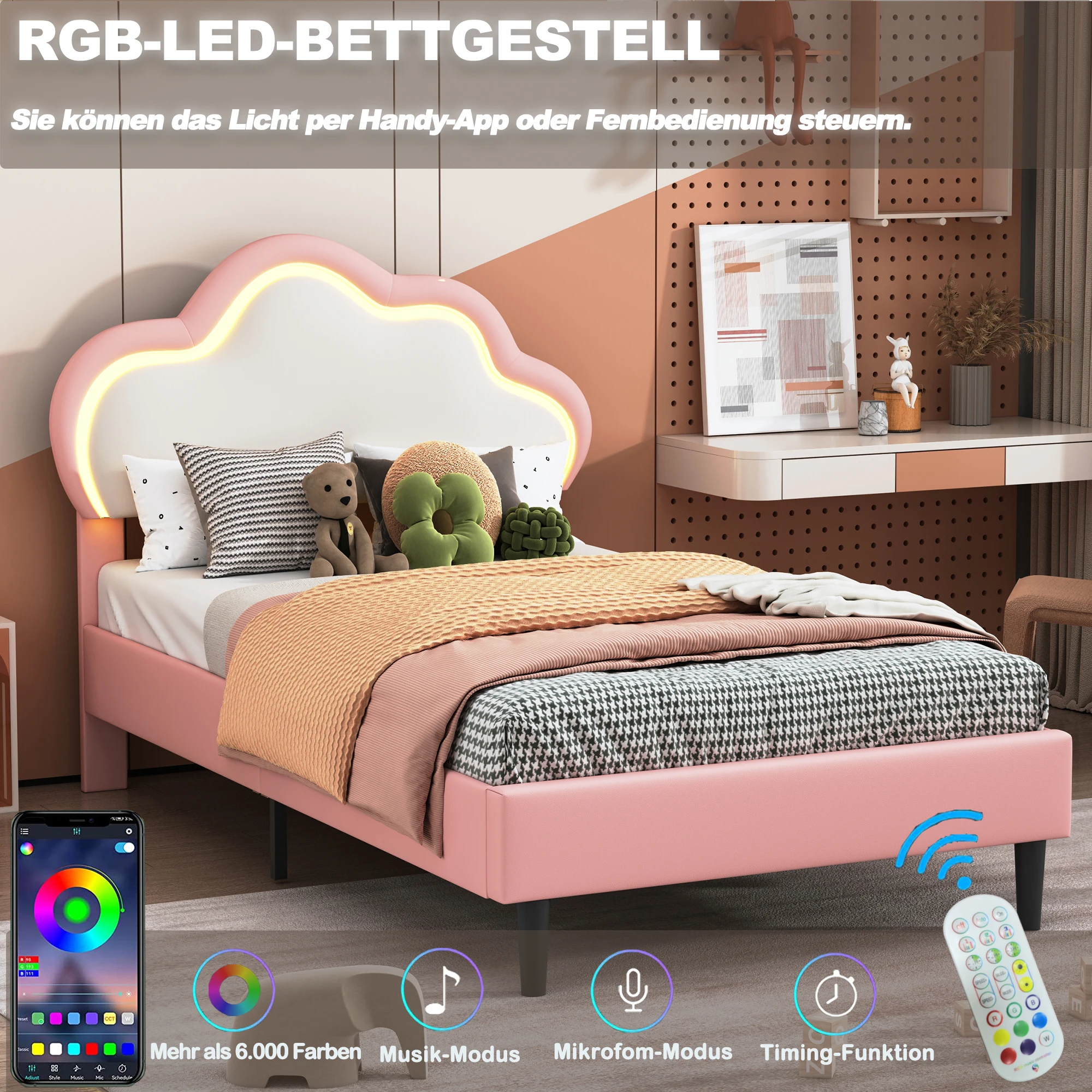 Lit de princesse pour filles 90x200cm, lit simple, lit à plateforme complète avec planche de sauna nuage et lit LED