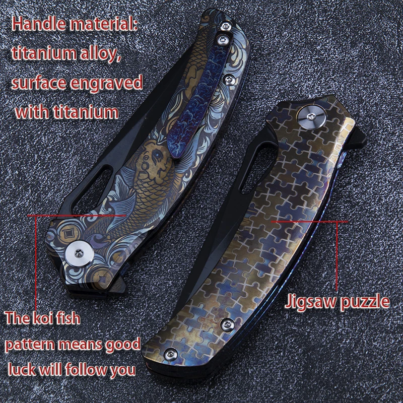 Premium M390 Titanium Folding Knife DLC Coated Blade Laser Engraved Koi Pattern Handle, Outdoor EDC Camping Collectible Gift. - view 5