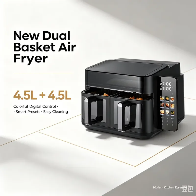 4.5L Plus 4.5L New Square Modern Digital Control Double Basket Air Fryer Colorful Panel Electric Dual Basket Air Fryer For
