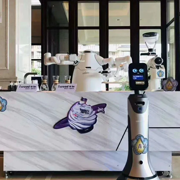 AI Nuovo robot a doppio braccio al dettaglio che serve caffè, gelato e tè Robot di servizio cooperativo autonomo intelligente