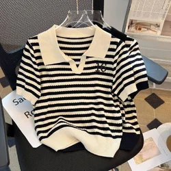 Summer Tee Hollow Out Contrast Colors Striped Patchwork Korean Fashion Casual Pullover Short Sleeve Korean Fashion Polo Tops