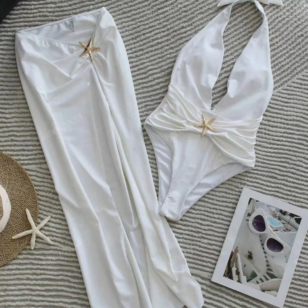 Summer Women's Sexy One-Piece Swimsuit Solid Color Deep V-Piece Swimsuit Paired with Wrapped Long Skirt Summer Beach Swimsuit