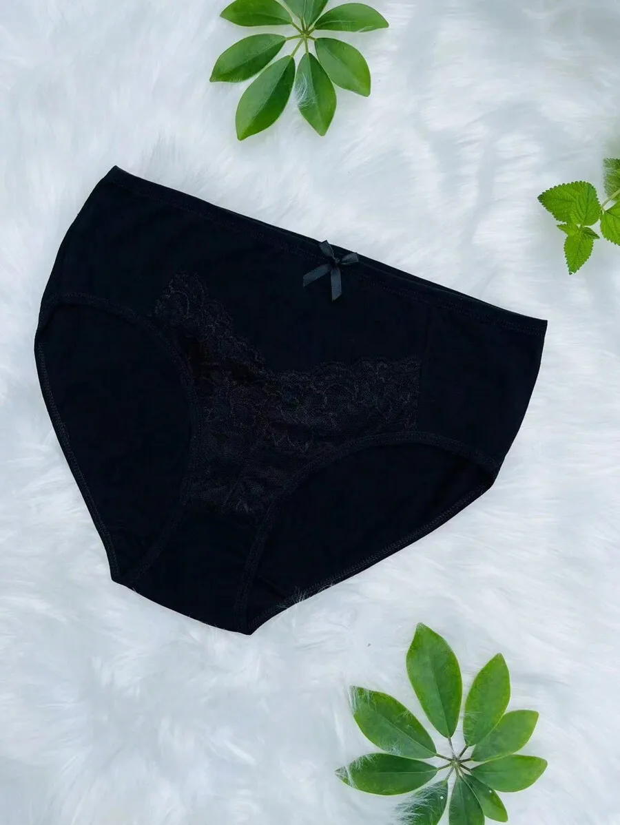 

Plus Size Cotton Lace Briefs Women High Waist Underwear Solid Black Panties