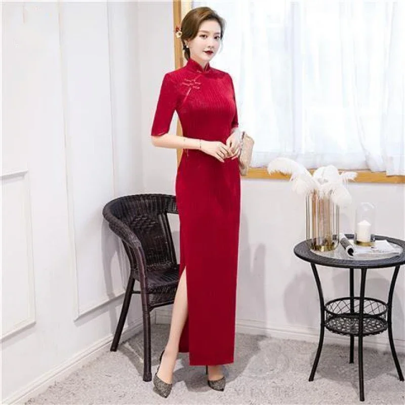 فستان زفاف على الطراز الصيني للنساء ، أحادي اللون ، ضيق ، مثير تشيباو فساتين طويلة منقسمة ، أزياء أنيقة ، ملابس متوسطة الأكمام