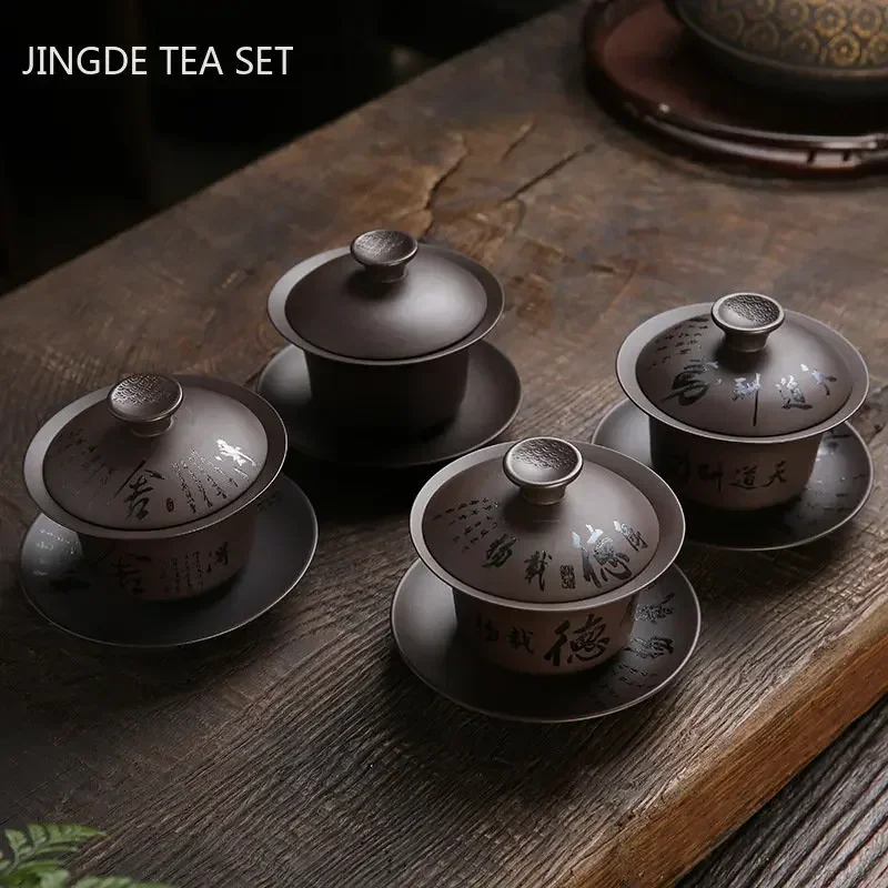 Taza de té china hecha a mano Gaiwan de arcilla púrpura Vintage de 180ml, infusor de té de belleza para el hogar, taza de té portátil personalizada con tapa