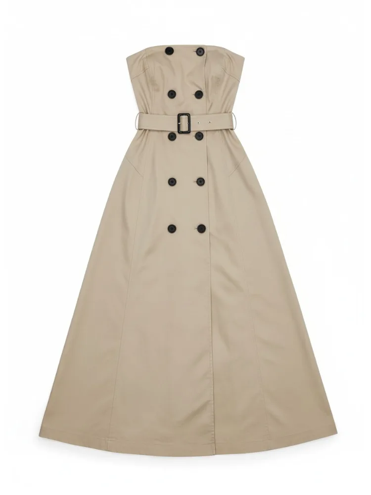 Onecozyday 2025 elegante vestido sin tirantes para mujer Color sólido abotonado cintura alta Maxi vestido con cinturón plisado vestidos de fiesta