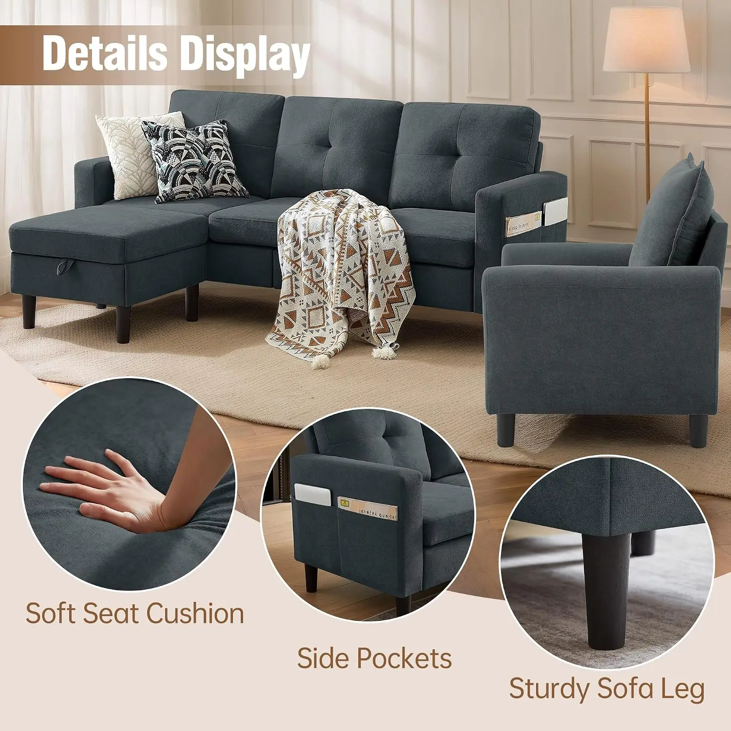 3 Piece Sofa Set, 3 Seater with Storage Ottoman & 2 Armchair, Easy Assembly, 5 Seat for Living Room Office, Grey, Customized