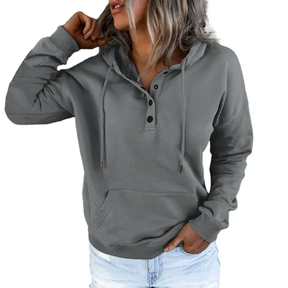 Sudadera con capucha de manga larga para mujer, Jersey holgado con bolsillo grande, botón de decoración, cordón, informal, cálido, puño elástico, Top de otoño e invierno