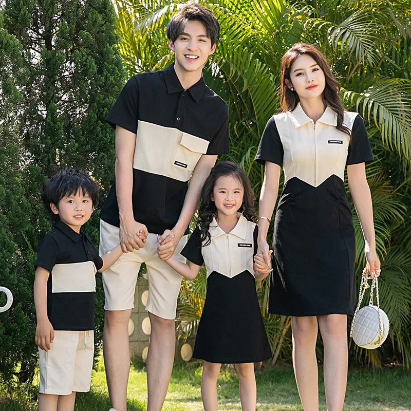 2024 Summer Matching Family Clothes Parent-child Outfit Mom and Daughter Dress Korean Dad and Son Tops + Shorts Two Piece Sets