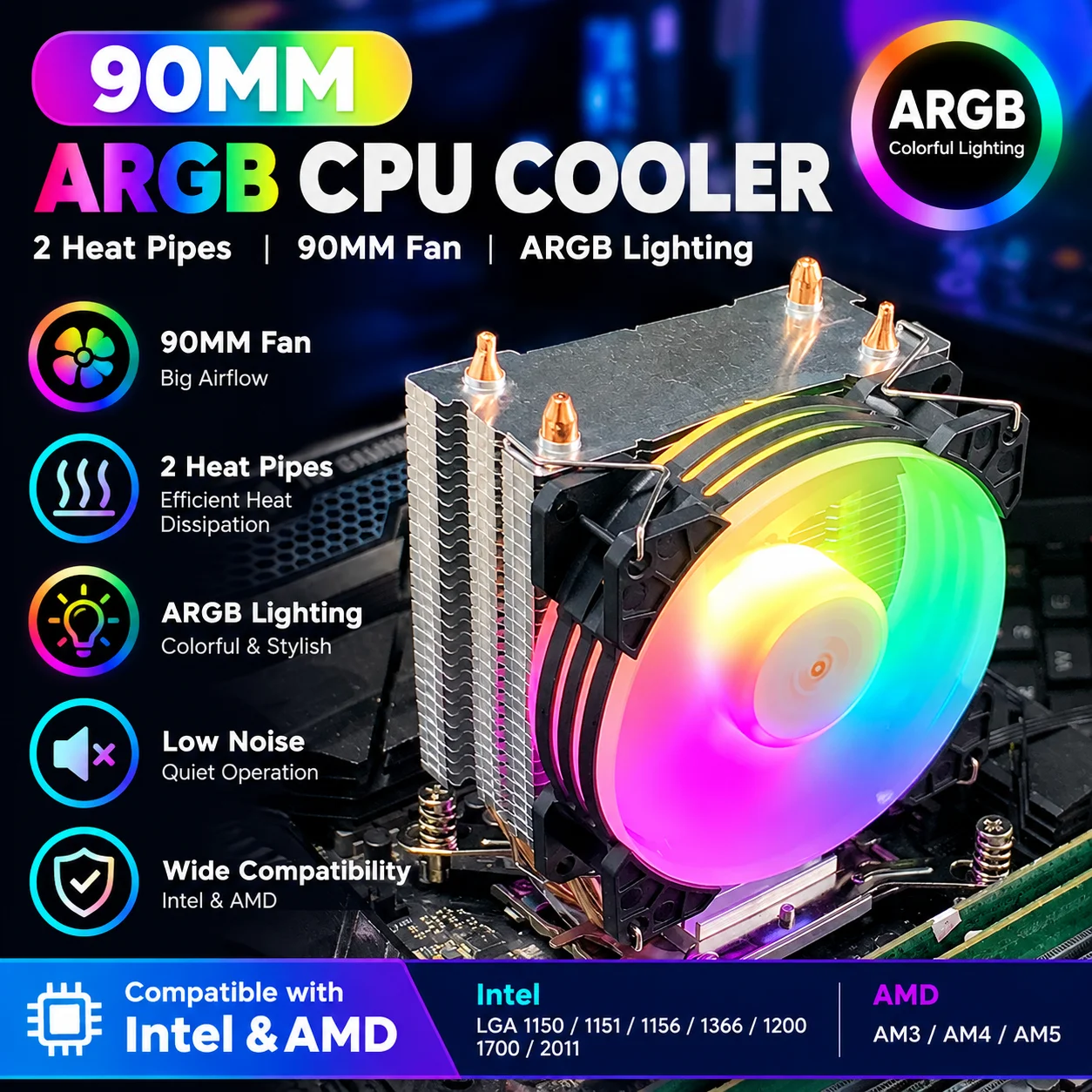 2 Heatpipes CPU Cooler 90mm ARGB PWM Fan X99 PC Air Cooler for Intel LGA 1150 1151 1155 1156 1200 1700 2011 1851