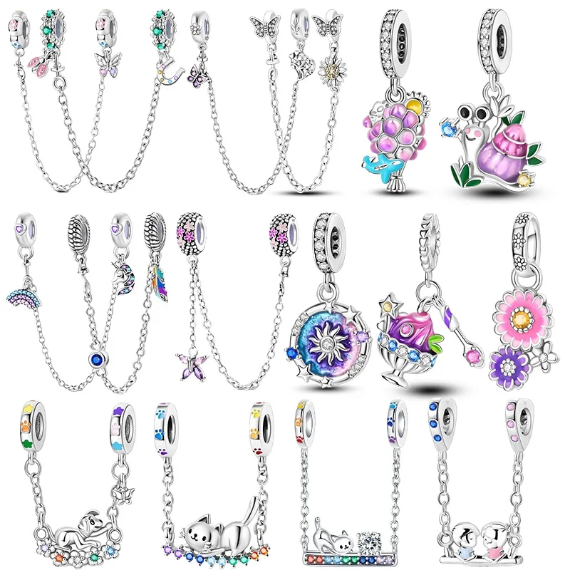 

925 Sterling Silver Lovely purple Charms Cat dog butterfly Flower Safety chain Dangle Pendants Fit Original Pandora Bracelet DIY