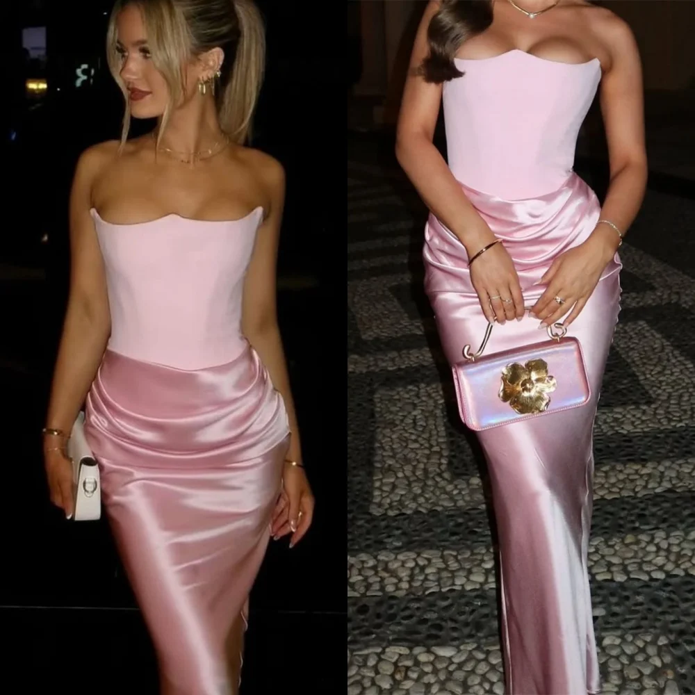 

Customized Mermaid High Quality Pink Satin Evening Dress Exquisite Strapless Celebrity Gowns Luxury Special Occasion Gowns