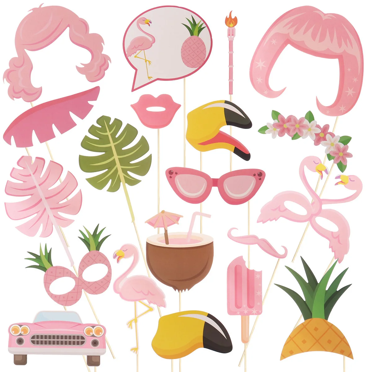 

Tropical Hawaii Theme Photo Booth Props Set Pink Flamingo Coconut Glasses Luau Party Supplies Beach Wedding Birthday Decoration