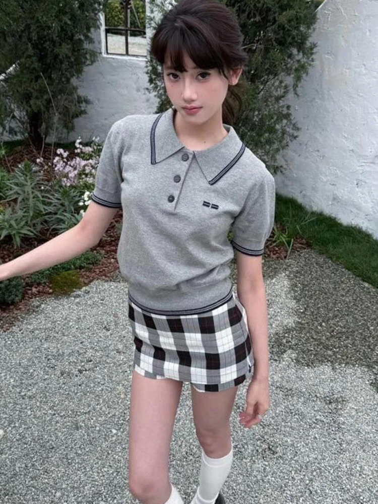 

HOUZHOU Vintage Korean Style T-Shirts Women Gray Preppy Style Polo Collar Tees Sweet Casual Summer Basic Short Sleeve T-Shirts