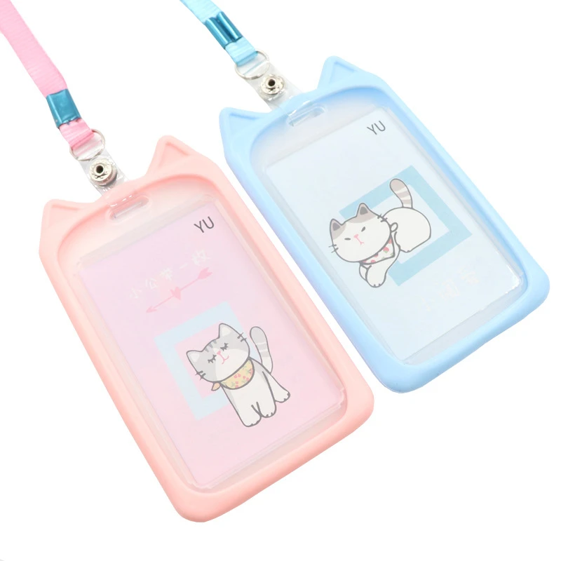 Korean Ins Cat Ear Plastic ID Badge Holder Lanyard Office Staff Work Name Tag Pass Card Cover Student Cute Card Sleeve