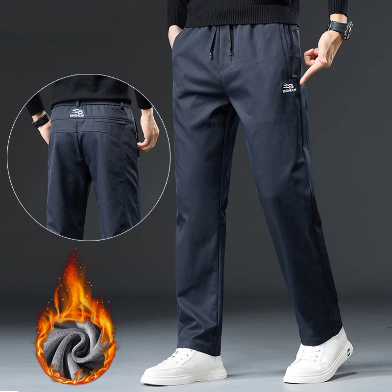 

Men's Straight-leg Fleece Casual Pants Winter Warm Thick Velvet Business Fashion Pants Elastic Slim Fit Trouser Work Attire