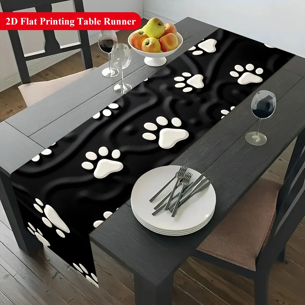 2D Flat Black Background Paw Prints Pattern Rectangular Polyester Tablecloth for Dining Table Coffee Table Kitchen Home Festival