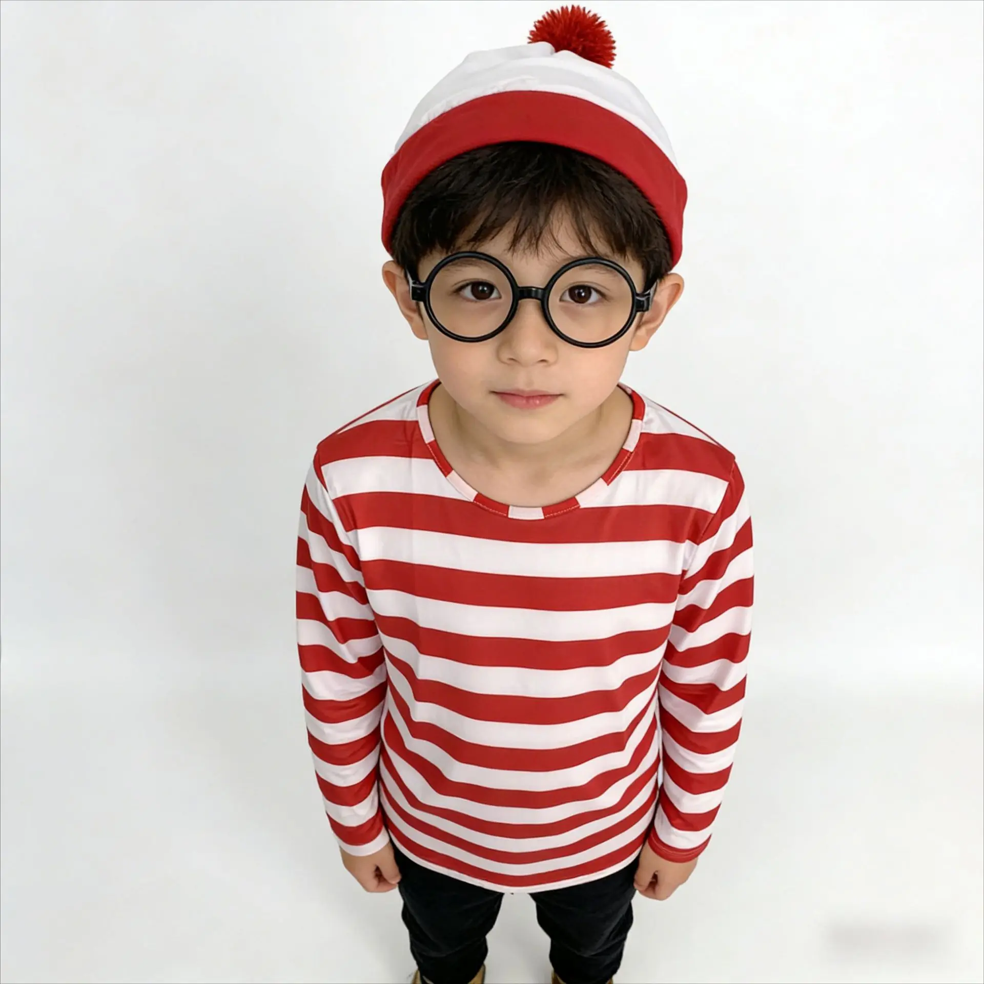 Cartoon Wheres Waldo Striped Shirt Youth Boys Wally Costume Shirt Glasses and Hat Socks Unisex Adults Carnival Cosplay Costume view 2
